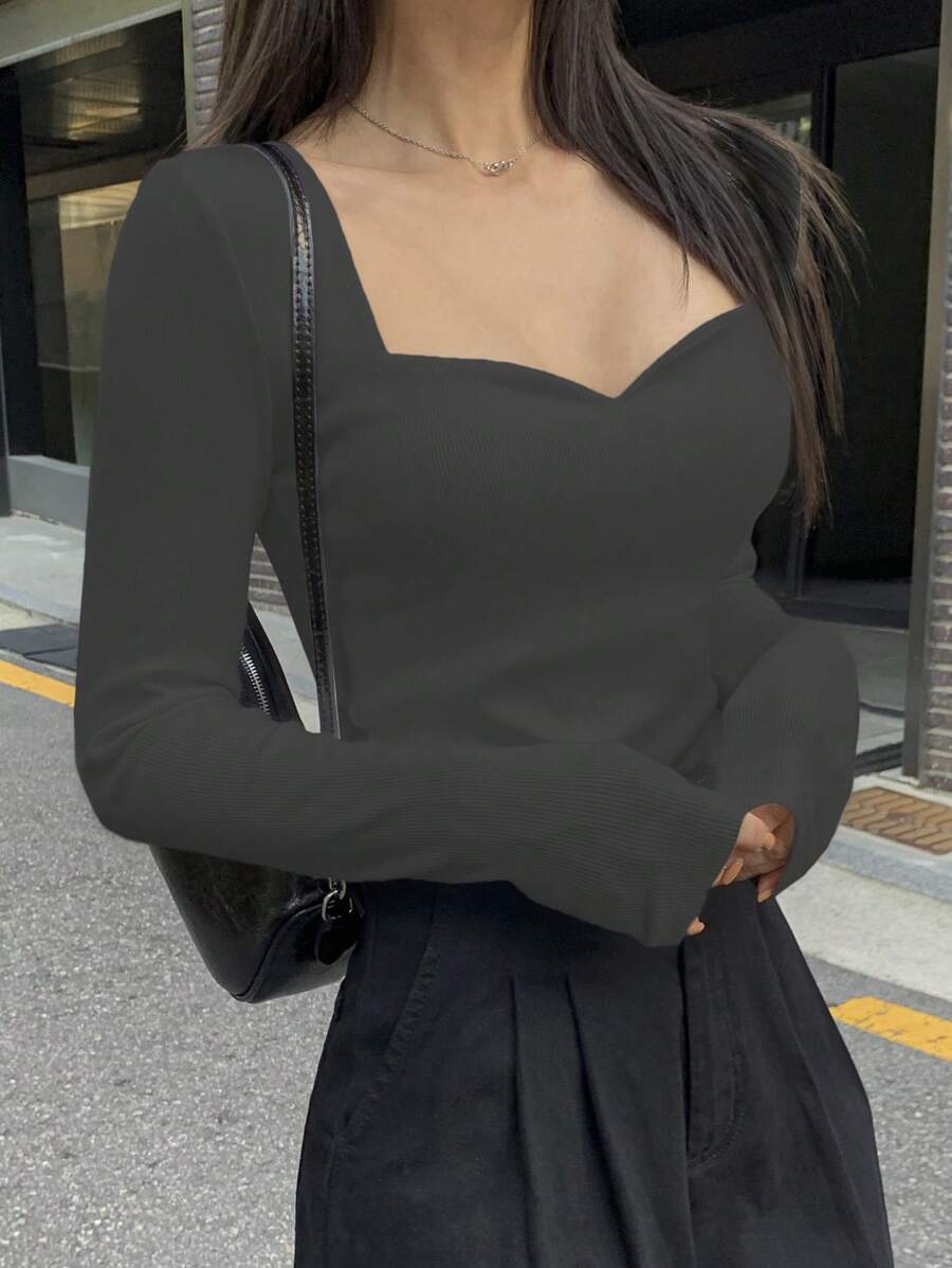 DAZY 1 件女式纯色甜心领长袖简约 T 恤，休闲日常穿着 - 深灰色 - 查看 1