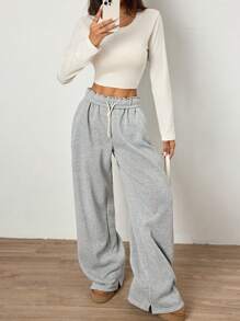 Flirla Pantalones anchos casuales de estilo callejero para mujer, con cintura con doblez, cordón ajustable, bolsillos en diagonal, pierna recta, de color gris - Gris - Ver 5