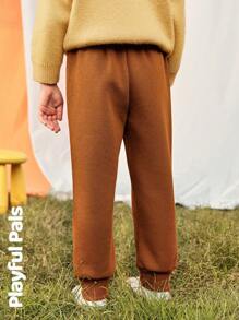 SHEIN 1 件装年轻女孩运动裤秋冬新款可爱猫咪刺绣宽松休闲裤 - 咖啡棕 - 查看 2