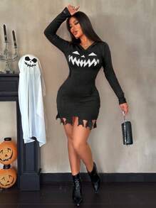 VaVaBold New Halloween Pumpkin & Big Teeth Pattern Orange Sexy Hollow Out Fringed Hooded Women Sweater Dress - Black - View 4