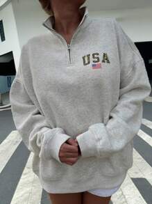 SHEIN EZwear Women's Casual Vintage USA Flag Pattern Loose Fit Half-Zip Hooded Sweatshirt In Fall/Winter - Grey - View 1
