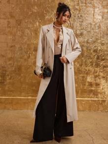 COSMINA 女士纯色双排扣优雅通勤长袖长外套 - 奶油色 - 查看 1