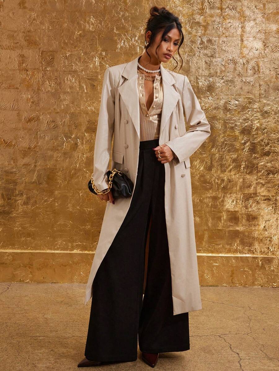 COSMINA 女士纯色双排扣优雅通勤长袖长外套 - 奶油色 - 查看 1