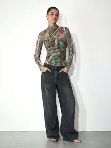 Maija 女士秋冬巴黎图案印花立领镂空长袖修身紧身衣，百搭日常穿着