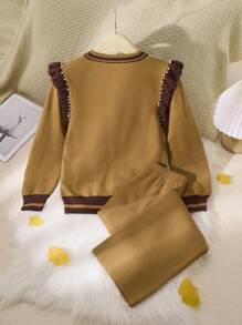 2pcs Tween Girl Knitted Set, Brown Round Neck Loose Knit Top & Long Pants - Brown - View 2