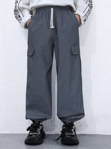 Kids/Tween Boys Casual Reflective Material Patch Pockets Relaxed Fit Drawstring Waist Pants, Suitable For School, Garden, Beach, Birthday, Spring, Summer, Autumn, Winter - Grey - View 2