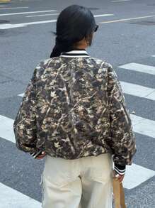 Muchica 1pc Women's New Casual Sports Style Full Print Contrast Striped Trim Baseball Jacket, Autumn , Bomber Jacket - Army Green - View 2