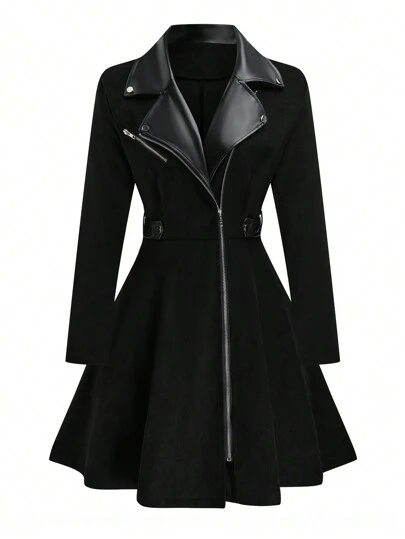 SHEIN LUNE Plus Size Women Casual PU Collar Waist Ruched Jacket Fall Winter Cloth For Women Autumn