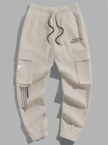 GENTILAND 字母印花抽绳口袋休闲梭织裤 - 卡其色 - 查看 1