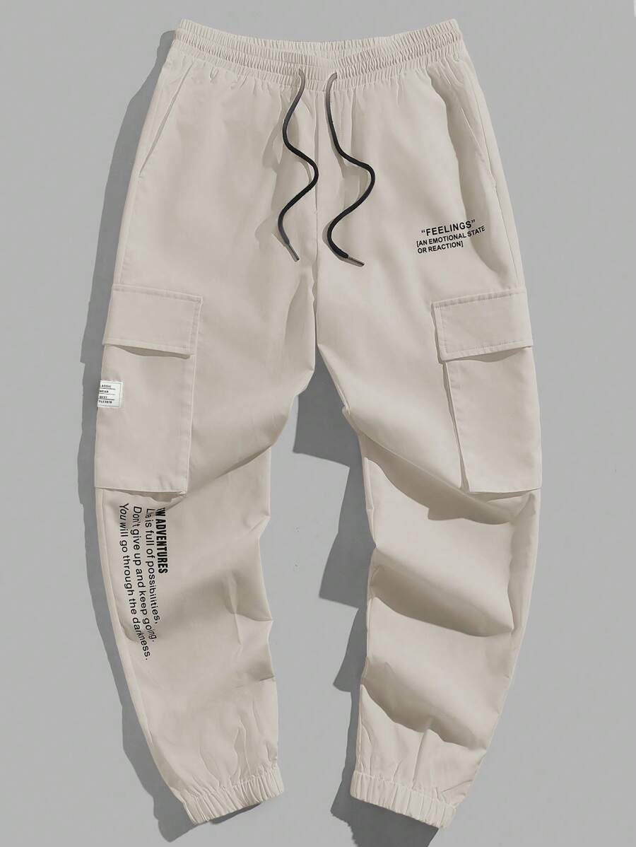 GENTILAND 字母印花抽绳口袋休闲梭织裤 - 卡其色 - 查看 1