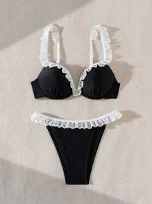 SHEIN Swim 2pcs Women Ruffled Shelf Bra Bikini Swimwear, Ruched Beach Bathing Suit For Summer - Black - View 5