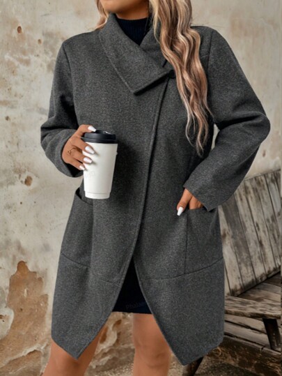 Plus Size Solid Color Long Sleeve Pocket Casual Jacket, Everyday Wear