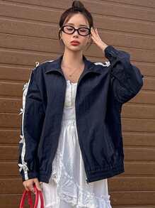 DAZY Contrast Ribbon Bow Printed Loose Women Jacket,Fall Women Clothes - Navy Blue - View 7
