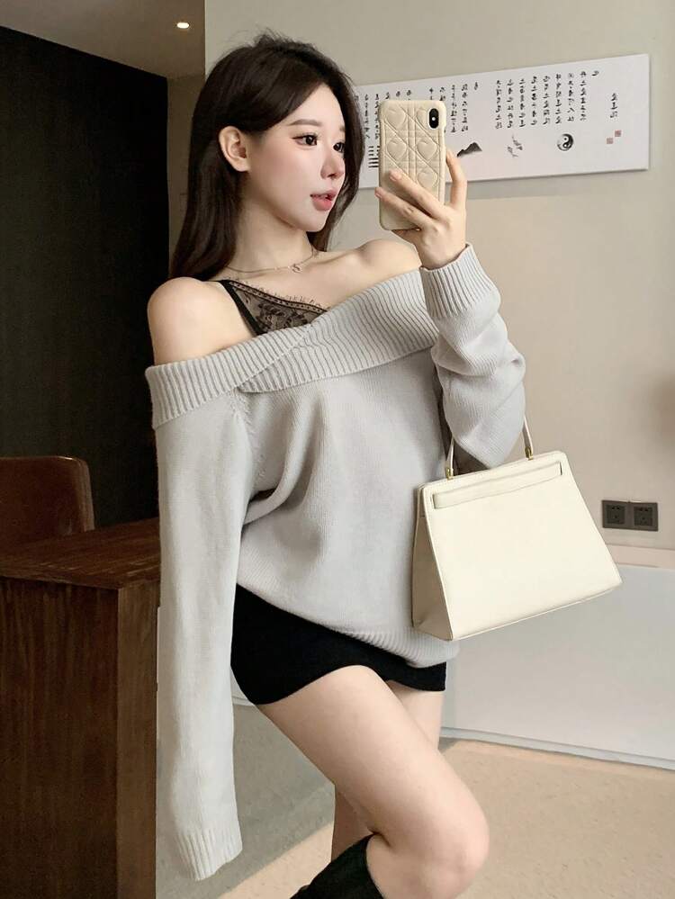 Women Asymmetrical Shoulder Cutout Lace Patchwork Knit Sweater,Fall Clothes Off The Shoulder