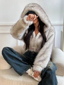 SHEIN EZwear Chaqueta corta con capucha esponjosa de moda para mujer en otoño/invierno - Caqui - Ver 1