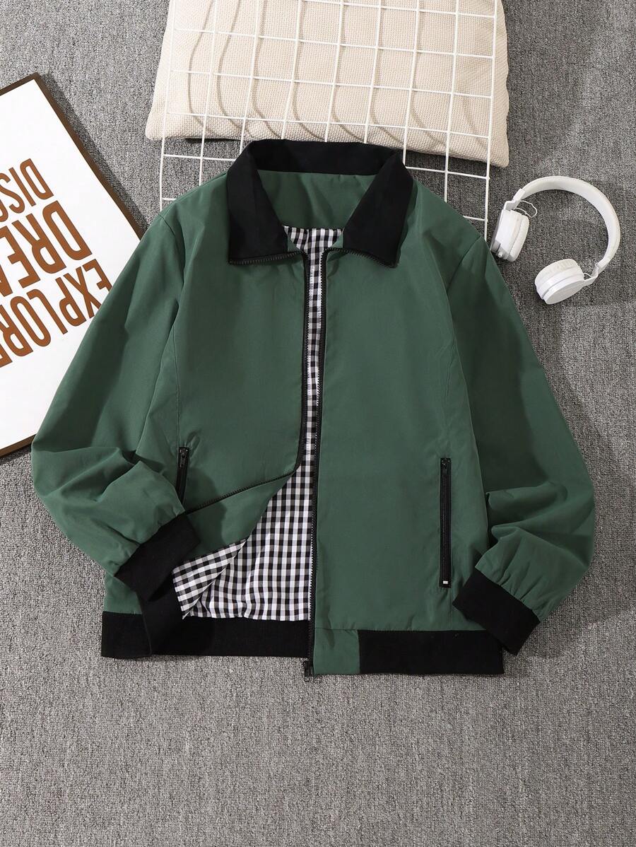 Manfinity Roghcode 1 pieza Chaqueta con cremallera y cuello para hombre con forro a cuadros - Verde - Ver 1