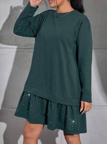 RueChic Plus Size Solid Color Round Neck Long Sleeve Minimalist Short Casual Dress - Army Green - View 4