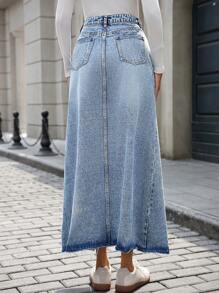 SHEIN LUNE Women's Simple Front Button Pockets Casual Denim Midi Skirt - Light Wash - View 2