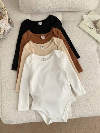 SHEIN LMoss Kids 4pcs LMoss Newborn Baby Girl Cute Knitted Elastic Solid Color Romper Set, Autumn/Winter