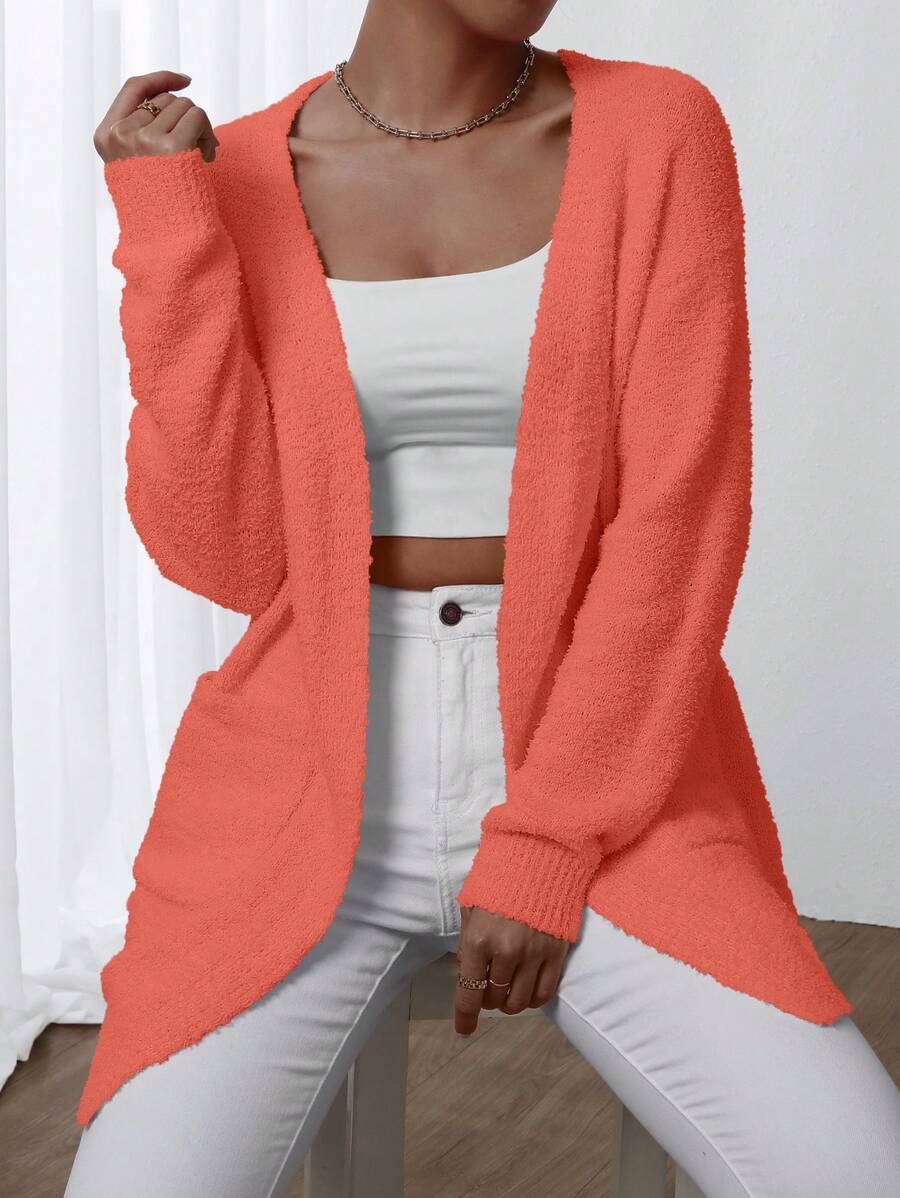 Chiquease 1 pieza Cárdigan de mujer de unicolor de manga larga con bolsillos, blusa casual minimalista - Naranja - Ver 1