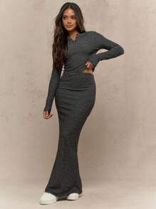 MISSGUIDED 泽西条纹亨利领修身长袖上衣搭配紧身长裙休闲两件套