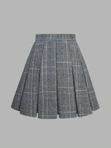 Women's Pleated Minimalist Plaid Skirt, Casual Everyday - Blue - View 2