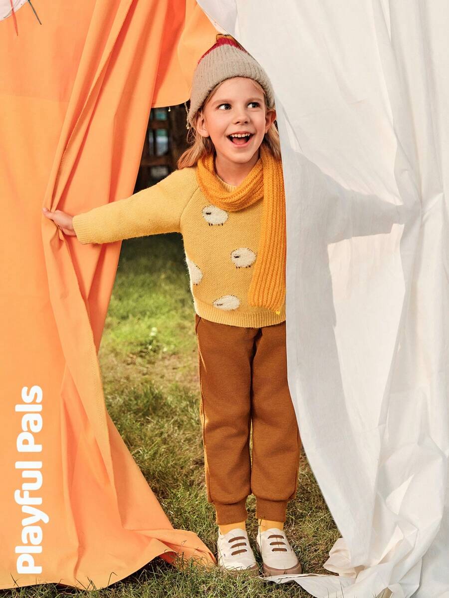 SHEIN 1 件装年轻女孩运动裤秋冬新款可爱猫咪刺绣宽松休闲裤 - 咖啡棕 - 查看 1