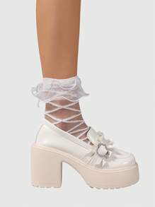 ROMWE Kawaii 甜美酷炫厚底牛津鞋，高跟，洛丽塔风格，心形扣和花卉装饰，学生玛丽珍鞋 - 白色 - 查看 7