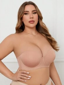 1pc Plus Size Simple Solid Color Bra With Steel Rings - Apricot - View 1