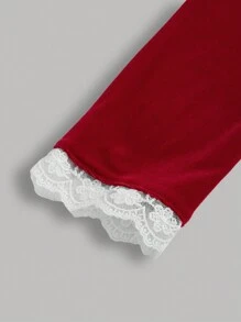 SHEIN 少女圣诞蝴蝶结珍珠纽扣蕾丝荷叶边褶皱红色连衣裙，秋冬装 - 紅白色 - 查看 5