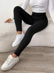 SHEIN LUNE LUNE 纯色针织罗纹弹力腰紧身裤 女款 黑色粒面面料