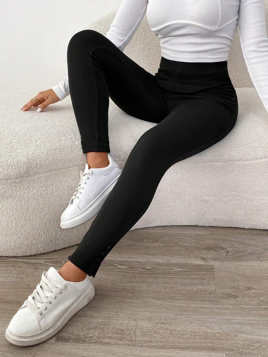 SHEIN LUNE LUNE 纯色针织罗纹弹力腰紧身裤 女款 黑色粒面面料