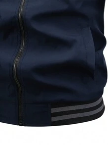 Manfinity Homme 男士条纹装饰拉链宽松运动夹克，秋季 - 藏蓝色 - 查看 3