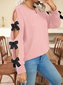 SHEIN Clasi 大码圆领时尚蝴蝶结装饰镂空长袖休闲套头卫衣 - 粉色 - 查看 1