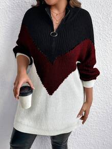 SHEIN LUNE Plus Size Solid Color Stitching Front Zipper Long Sleeve Minimalist Pullover Sweater, For Winter