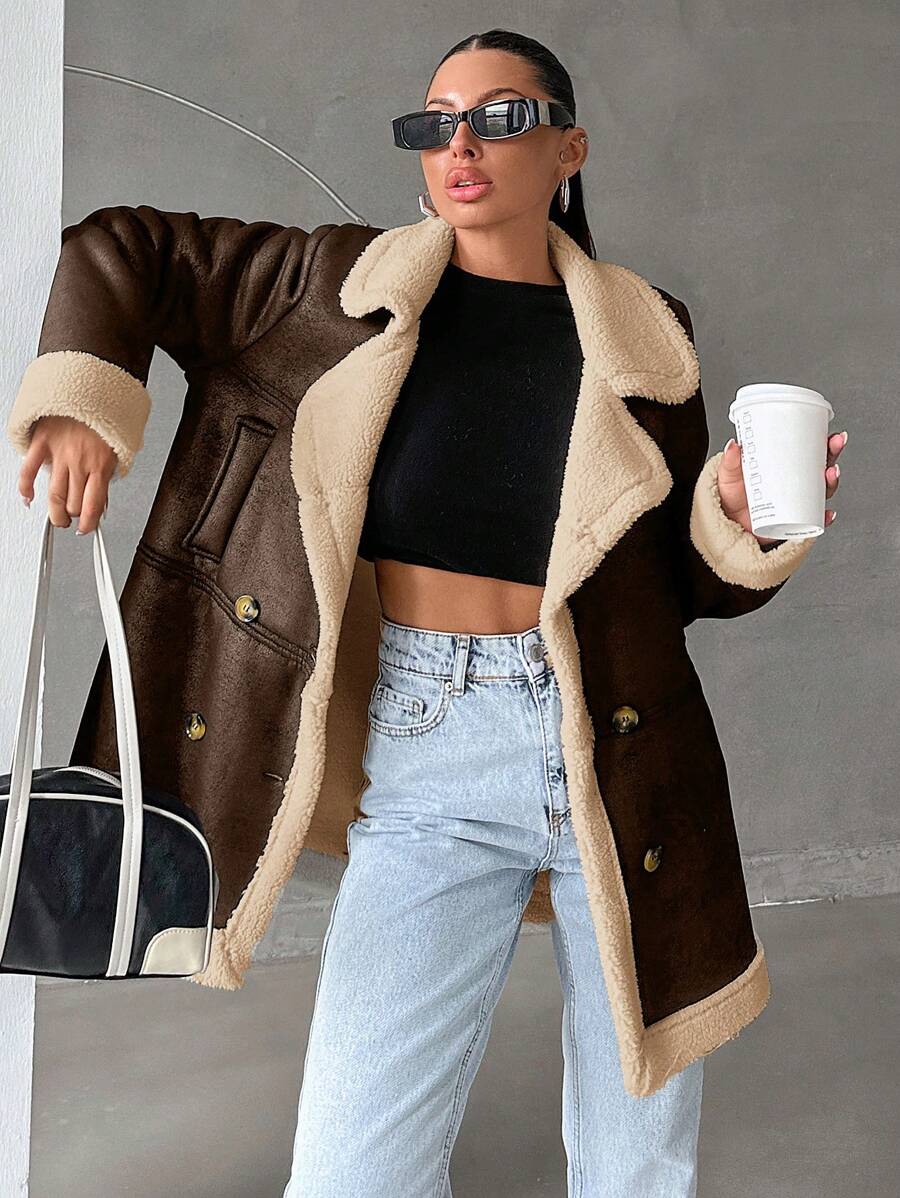 EURMUSE 女士休闲日常双排扣大衣，保暖内衬，秋冬款