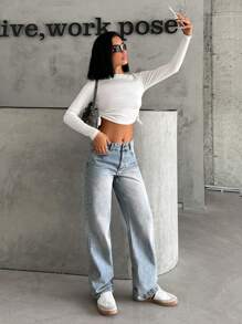 EURMUSE WOMEN STRAIGHT LOW WAIST JEANS - Medium Wash - View 6
