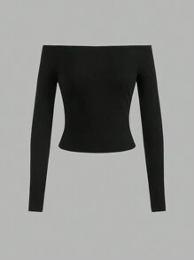 SHEIN BASICS 2pcs Women's Casual Off Shoulder Tight Fitting Long Sleeve Basic Tee, Suitable For Autumn,Fall Tops - Multicolor - View 5