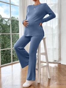 SHEIN 2pcs Maternity Solid Color Round Neck Long Sleeve Split Casual Outfit Set - Blue - View 4