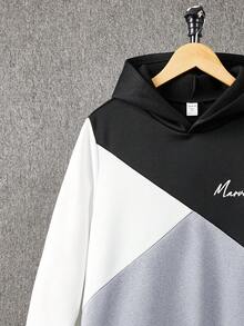 SHEIN Sudadera holgada, cómoda y versátil con estampado gráfico y parches de colores contrastantes para adolescentes - Gris - Ver 4