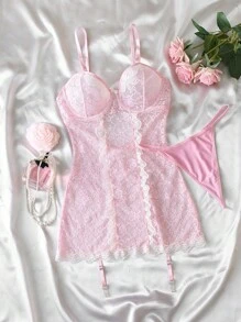 3 piezas Camisón romántico de encaje con parches y lazo floral sexy para mujer, en rosado y blanco