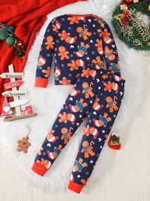 2 sztuki dla młodych dziewcząt w stylu świątecznym, wzór naleśnika, długi rękaw, top i spodnie, obcisły, dopasowany zestaw bielizny nocnej - Królewski Niebieski - Zobacz 2