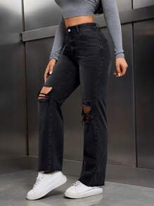 SHEIN Tall Quần Jeans Denim Nữ Thường Ngày Có Túi Cài Nút Phía Trước, Kiểu Dáng Cơ Bản - màu đen - Xem 6