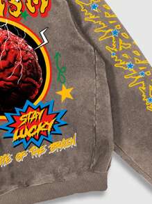 ROMWE MEN Street Life Men's Washed Street Graphic Print Hoodie Sweatshirt, Suitable For Spring And Summer - Khaki - View 3