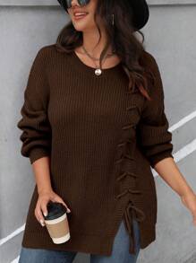 EMERY ROSE Plus Size Solid Color Lace Up Side Slit Hem Sweater, For Autumn/Winter Knit Pullover Fall - Coffee Brown - View 7