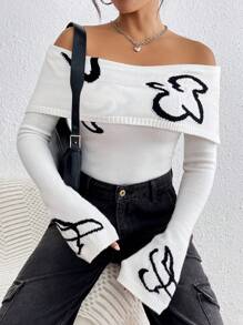 Chiquease Women's Casual Color Block Pattern Off Shoulder Fitted Short Sweater, Autumn Knit Pullover Fall Winter Outfit