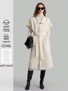 Ontre 1pc High Quality Double-Faced Blanket Coat, Beige, Wide Lapel, Belted Waist With Pockets, Elegant Christmas Style, Autumn/Winter - Apricot - View 2