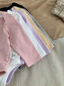 SHEIN Bộ đồ liền thân dài tay cổ tròn dệt kim cho bé gái sơ sinh/Unisex, Mua 1 tặng 5 - màu đen - Xem 6