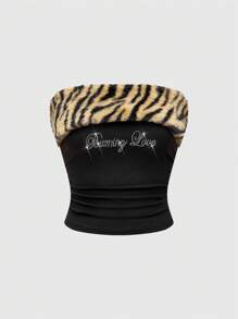 ROMWE Grunge Punk 1 件女式 Gyaru 黑色针织短款上衣，带水钻装饰，斑马条纹印花拼布设计，适合亚文化风格 - 彩色 - 查看 5