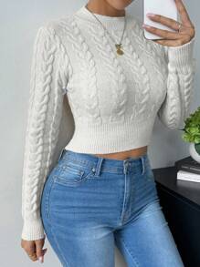 Chiquease Women Solid Color Crew Neck Long Sleeve Cropped Fitted Sweater, Autumn/Winter Knit Pullover Fall Outfit - White - View 6